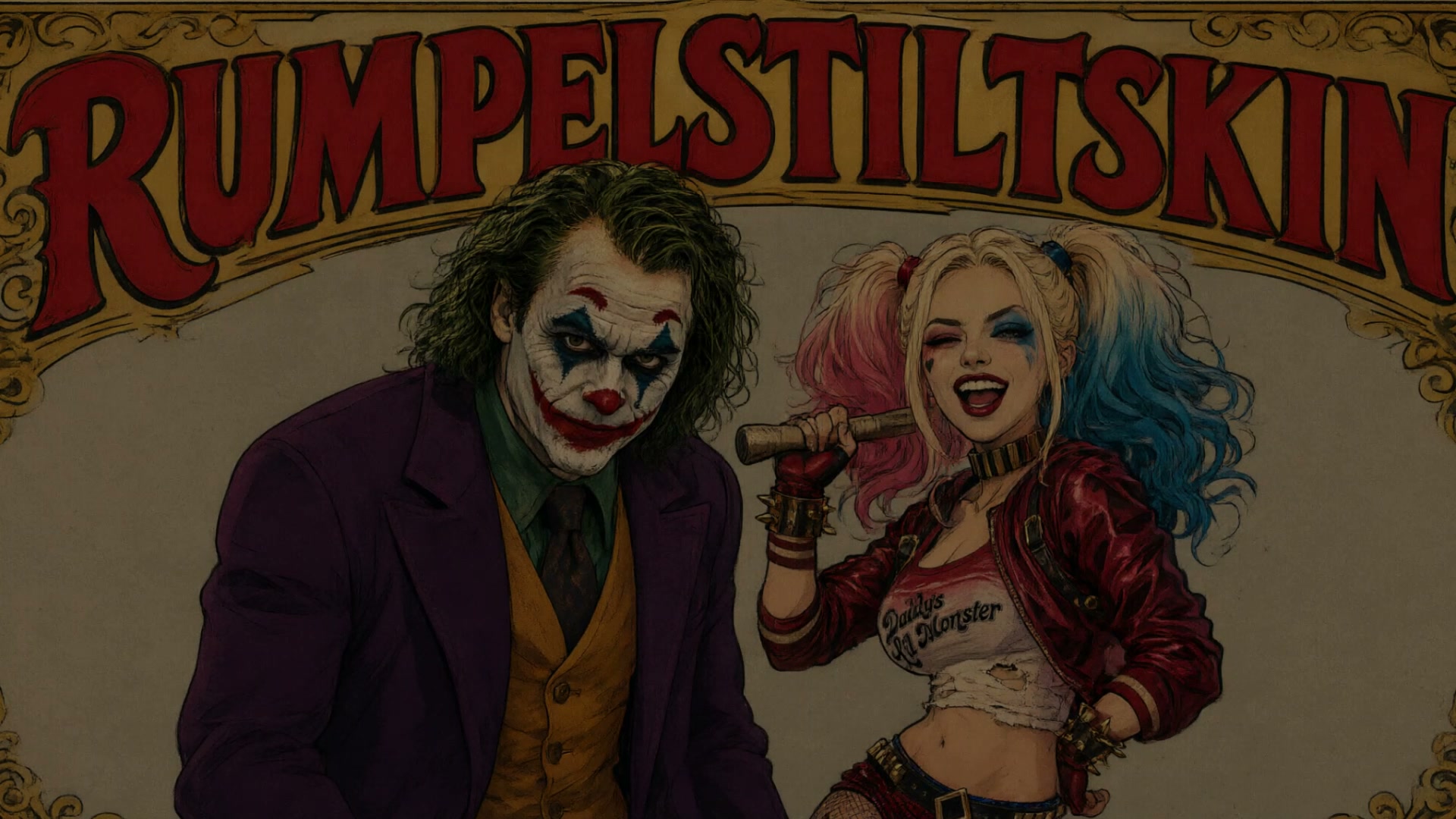 Joker and Harley Quinn illustrated side by side below an ornate Rumpelstiltskin title banner