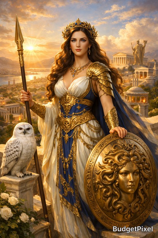 Regal queen warrior in blue-gold armor with spear and shield, standing beside an owl against an a...
