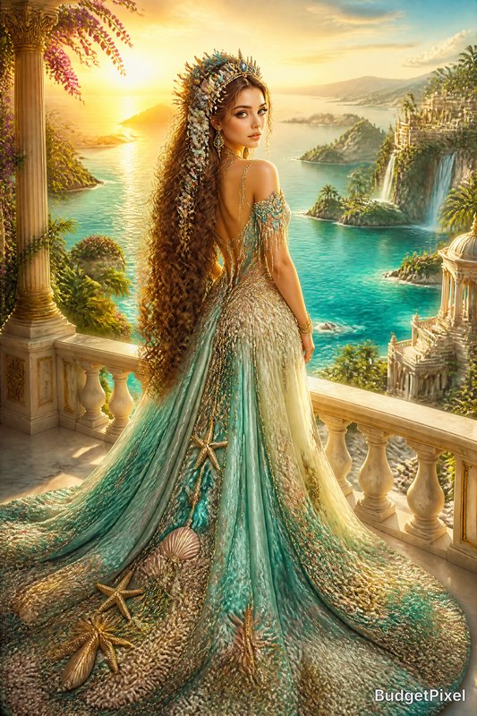 Fantasy queen in a teal-gold couture gown on a seaside balcony at sunset with seashells and starfish.