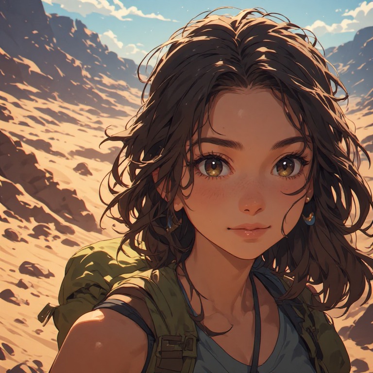 Anime-style young woman with backpack in a sunlit desert canyon