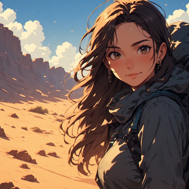 Anime-style girl in desert landscape with wind-swept hair and warm sunlight.