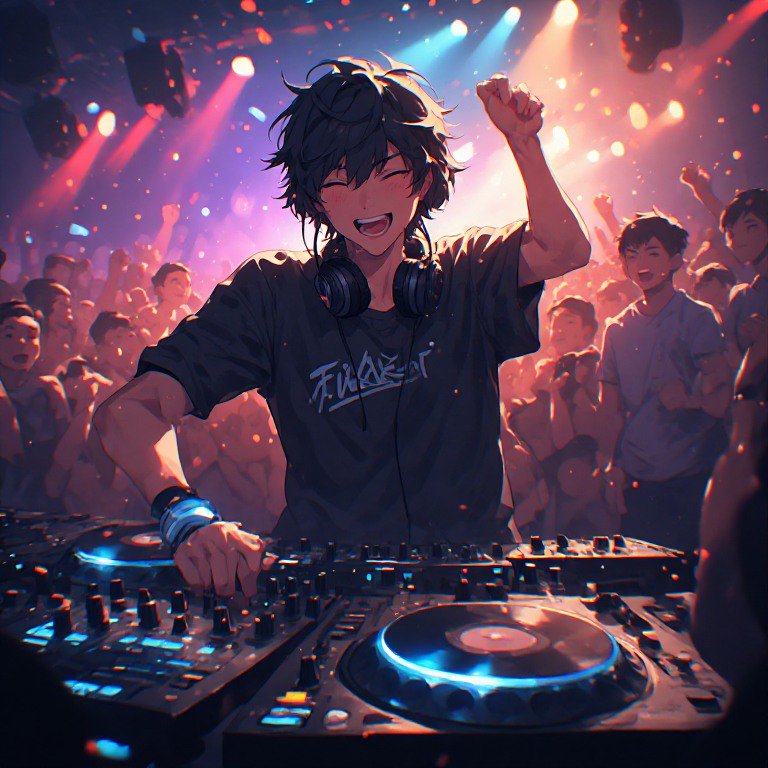 Anime-style DJ wearing headphones at a crowded nightclub mixing on turntables under colorful stage lights