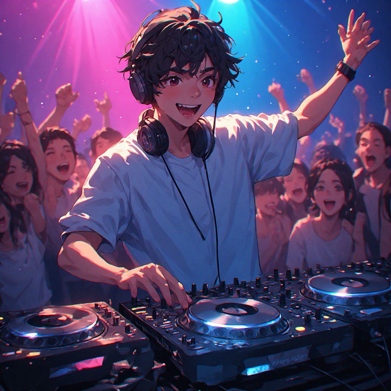 Anime-style DJ wearing headphones at a crowded nightclub, raising a hand in celebration.