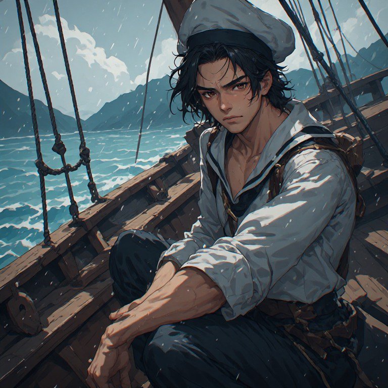 Young sailor in a white shirt on a sailing ship during rain, with windswept dark hair and a determined expression.