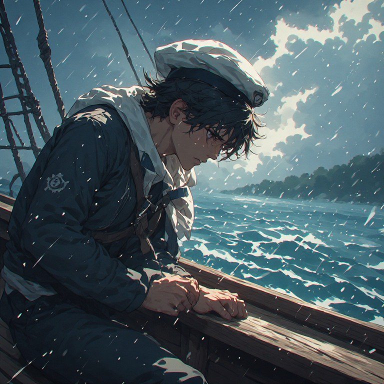 Anime-style sailor hunched on a ship deck in rain with waves and stormy sky.