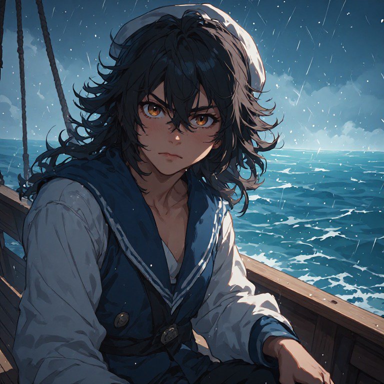 Anime-style girl with dark hair on a wooden boat in the rain, sea in the background.