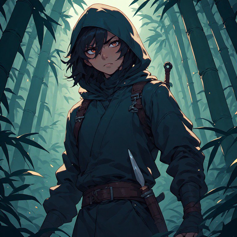 Anime-style hooded archer/assassin in a bamboo forest with a dagger at her belt.
