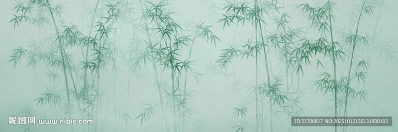 Bamboo forest silhouettes in a misty teal background with slender stalks and delicate leaves.