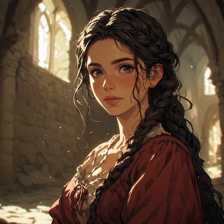 A young woman with long braided hair in a medieval red dress stands amid sunlit ruin walls.