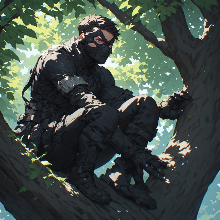 Anime style masked tactical operative in black stealth gear crouched on sunlit forest tree branch...