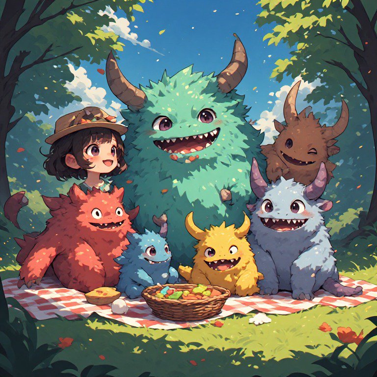 Cute anime girl enjoys a sunlit forest picnic with a group of fluffy, colorful friendly horned mo...