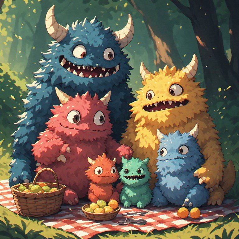 Colorful fluffy horned monster family enjoying a picnic on a gingham blanket in a sunlit forest c...