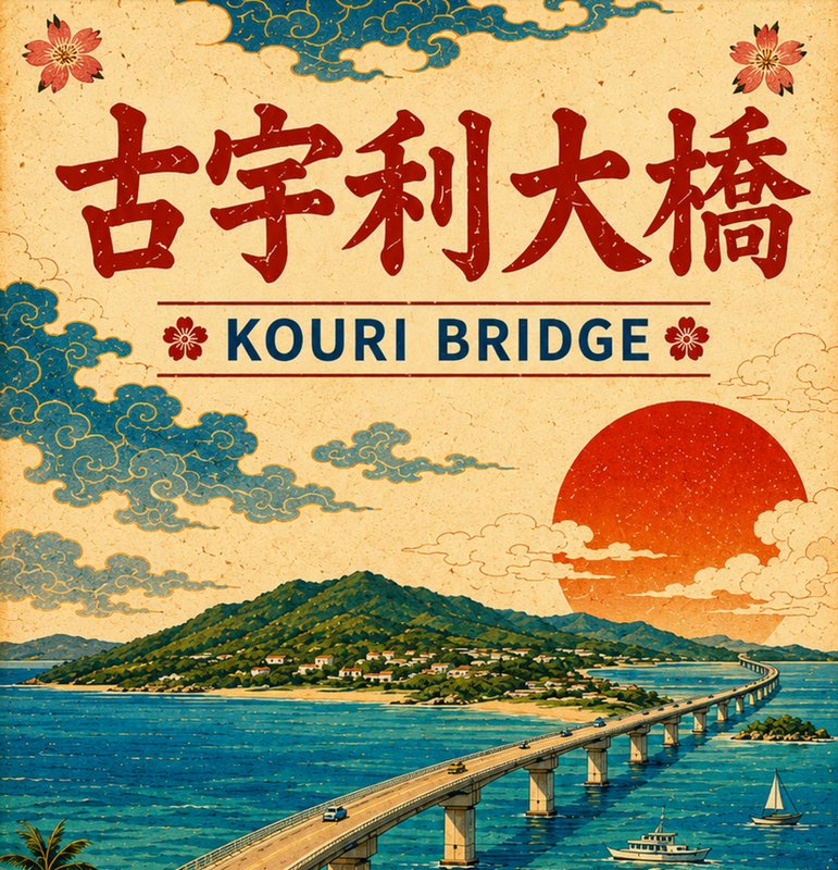 Vintage retro travel poster illustration of Okinawa's Kouri Bridge, rendered in traditional Japan...