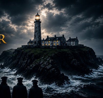 Glowing lighthouse atop rocky storm cliff, silhouetted uniformed figures watch from churning ocea...