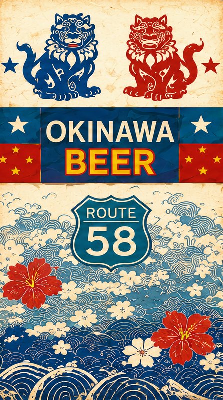 Vintage Okinawa Beer Route 58 graphic featuring shisa guardian lions, hibiscus flowers, tradition...