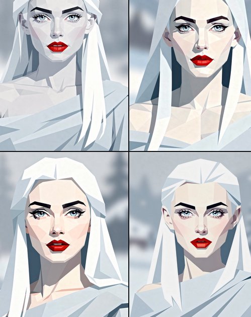 4-panel grid of geometric low poly portrait variations of a pale ice queen with platinum white ha...