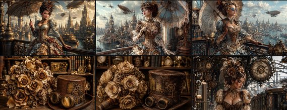 6-panel steampunk art collage featuring Victorian women, gear accessories, and retro-futuristic a...