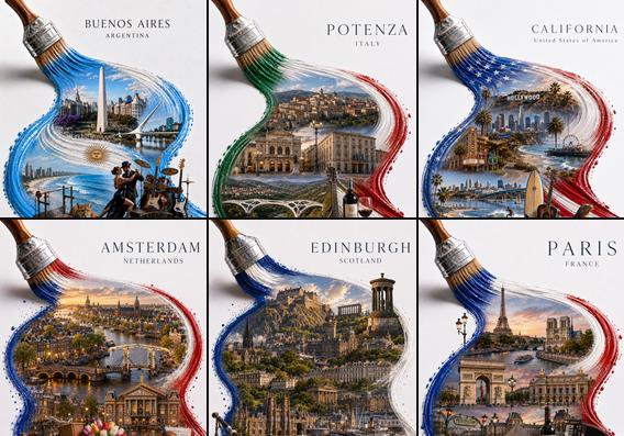 6-panel grid of creative paintbrush illustrations, each blending iconic world city scenery into f...