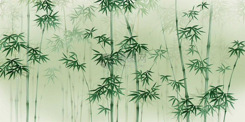 Misty traditional East Asian illustration of a layered bamboo forest rendered in soft muted sage ...