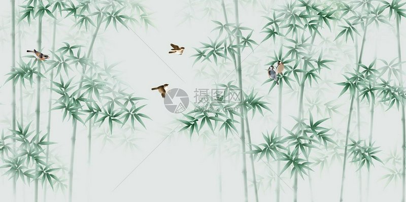 Delicate watercolor bamboo forest illustration, with small songbirds perched and in flight on a s...