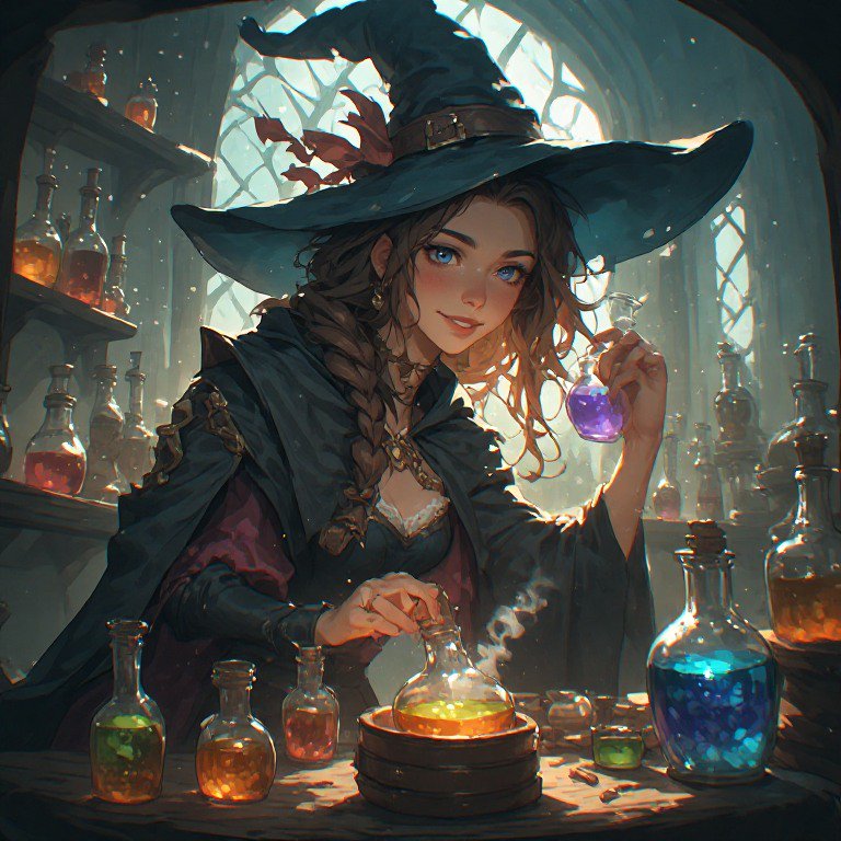 Young anime fantasy witch holds a glowing purple potion while brewing elixirs in a sunlit apothec...