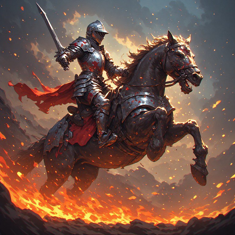 Armored medieval knight with raised longsword rides rearing warhorse across a blazing, ember-stre...