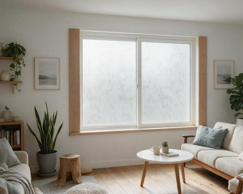 Cozy minimalist Scandinavian living room with frosted window, houseplants, light wood furniture, ...