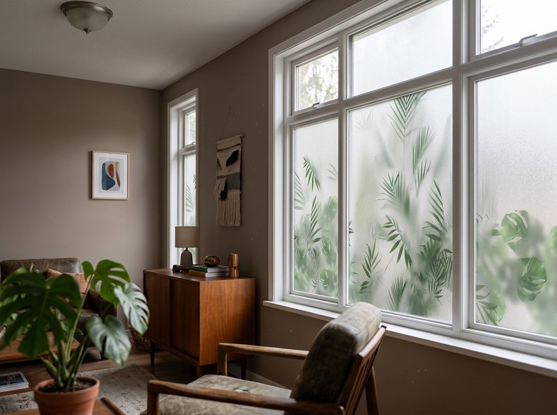 Cozy midcentury living room with tropical leaf frosted window film, wood furniture, and a potted ...