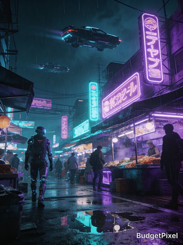 [Rainy cyberpunk night street market with glowing neon signs, flying hover cars, and a humanoid robot walking on wet refle...