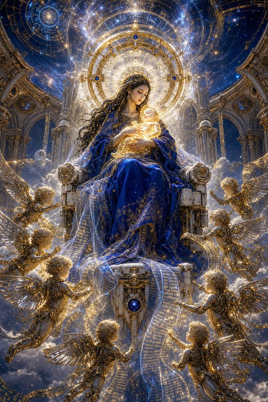 Ornate celestial Virgin Mary holding glowing baby Jesus, seated on a heavenly throne surrounded b...