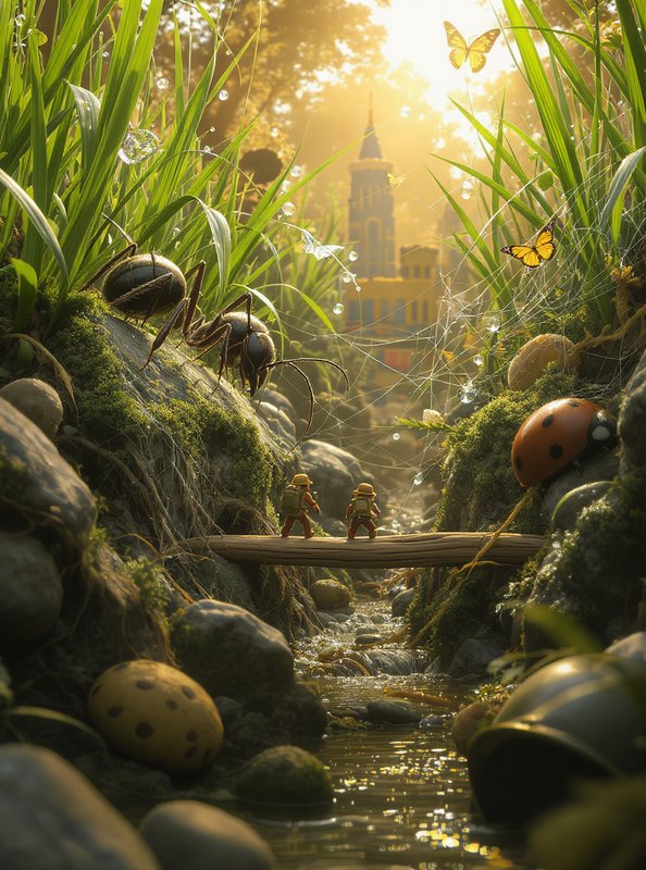 Miniature hiker explorers cross a log bridge in a sunlit tiny fairy micro-world with oversized in...