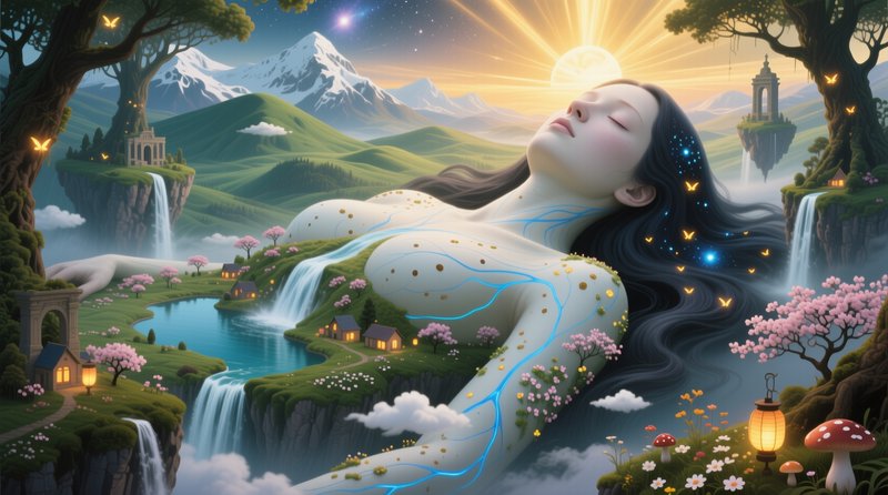 Surreal fantasy scene of a sleeping giant earth goddess whose body forms a lush magical landscape...