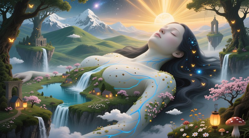 Surreal fantasy landscape of a serene sleeping earth goddess merged with rolling green hills at g...