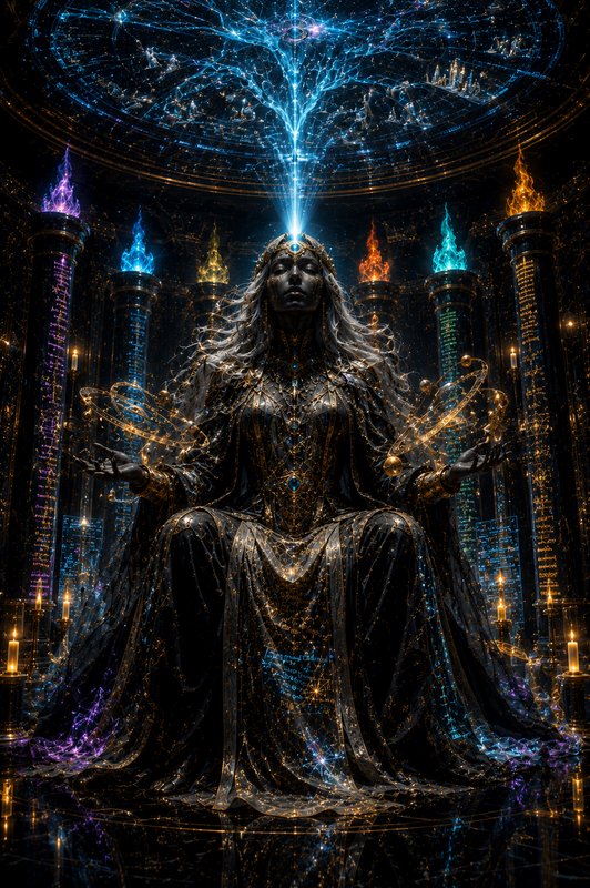 Seated cosmic fantasy goddess channeling glowing celestial energy, flanked by elemental flame pil...