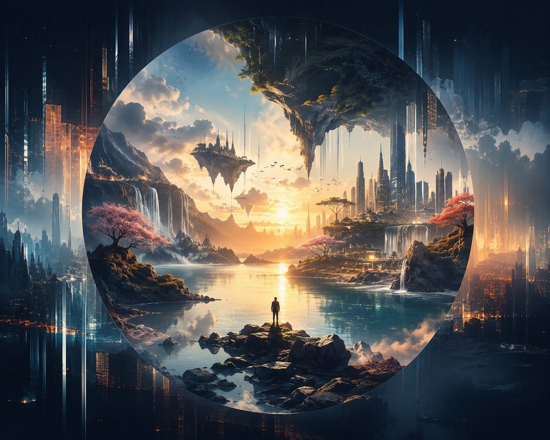 Silhouetted figure stands on rocks gazing through a circular portal at a fantasy world with float...