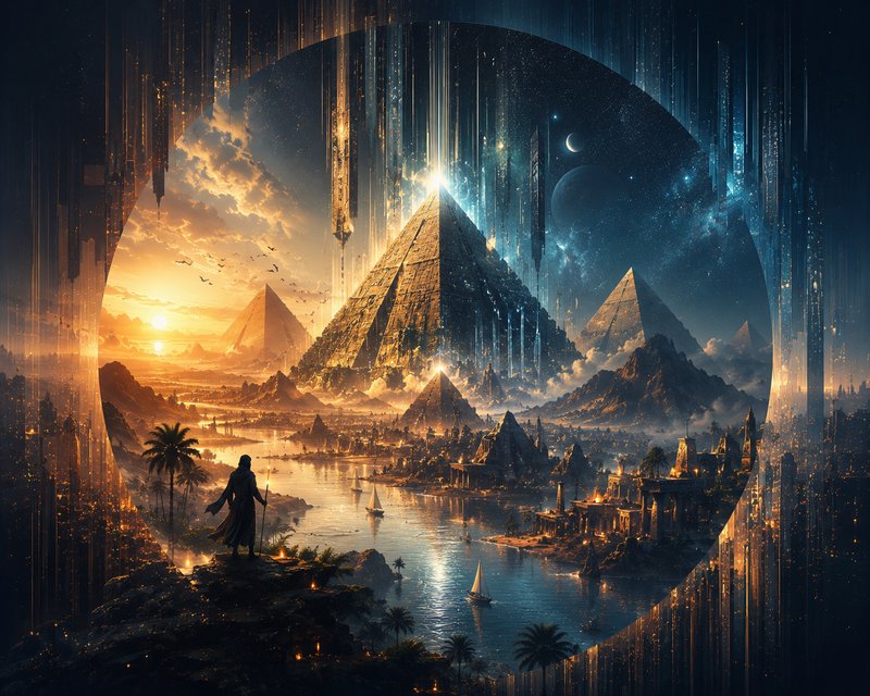 "Hooded robed figure overlooks a mythic ancient Egyptian pyramid city framed by a glowing circula...