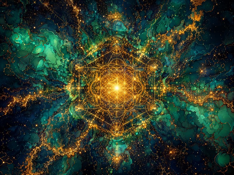 Glowing golden Metatron's cube sacred geometry centered on swirling teal emerald cosmic marbled b...
