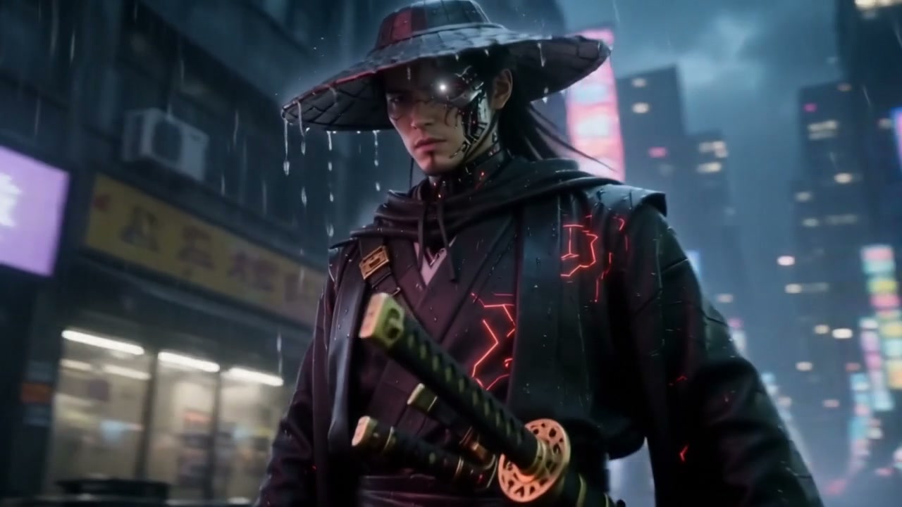 Cyberpunk samurai with glowing cybernetic eye, wide straw hat, and katanas stands in rainy neon-l...