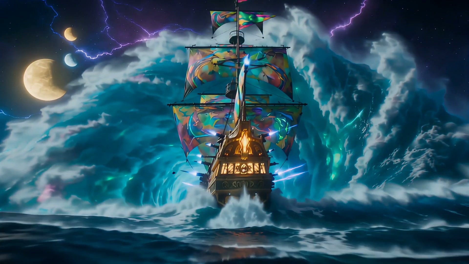 Ornate fantasy galleon with iridescent sails navigates a giant storm wave under a starry sky with...