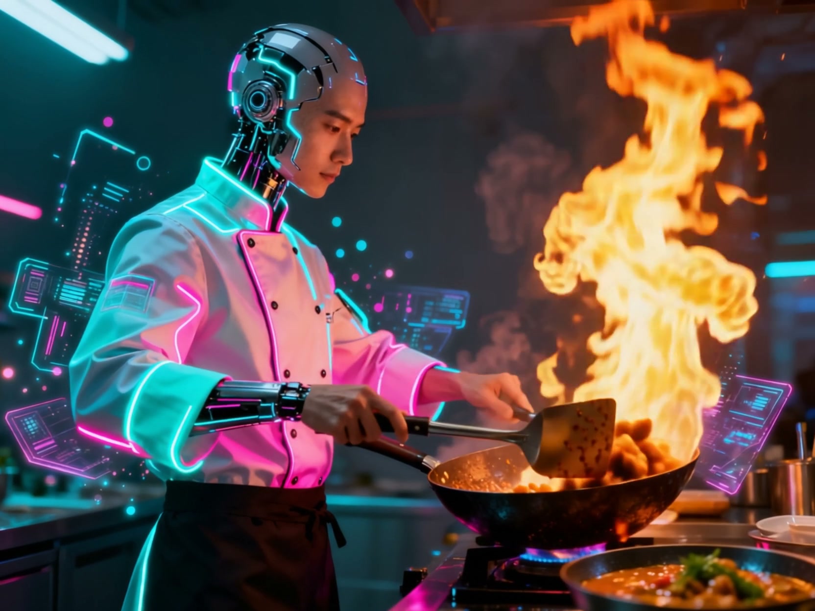Cybernetic robot chef cooks flaming stir fry in a wok inside a glowing neon futuristic cyberpunk ...