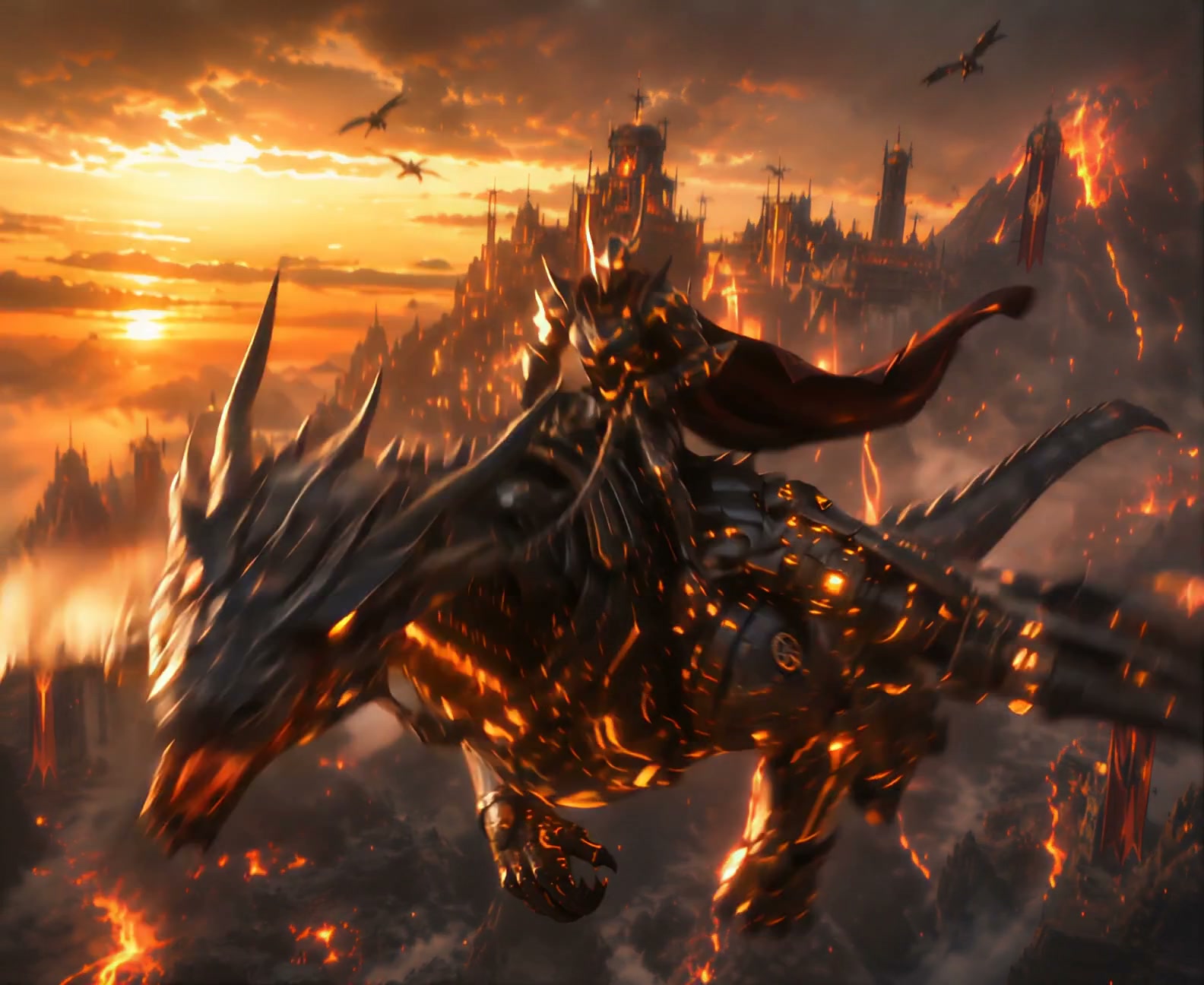 Armored dark fantasy knight rides a glowing spiked war dragon above a volcanic gothic fortress at...