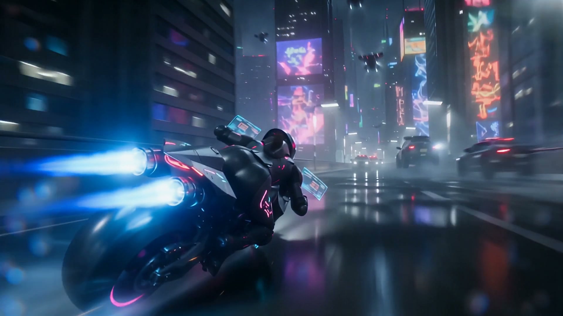 Armored cyberpunk rider on a jet-powered motorcycle speeds through a rainy neon-lit futuristic ci...