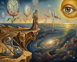 Surreal cosmic landscape with a cliff, a solitary figure, giant eye sun, hourglass, and spiral ga...