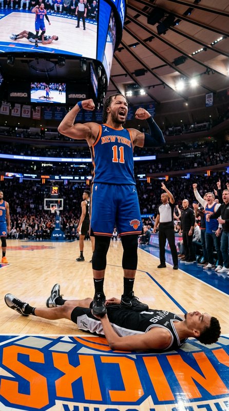 Knicks player (#11) celebrates on court over a fallen opponent in a packed arena.
