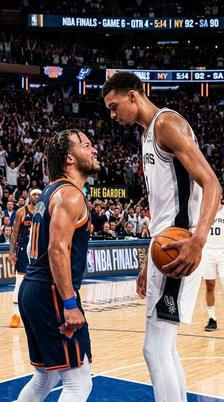 Two basketball players face off on a polished court during a tense NBA Finals moment, with a crow...