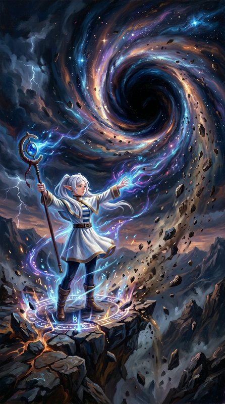 Female elf-like mage standing on rocky ledge, conjuring a swirling cosmic vortex with a magical s...