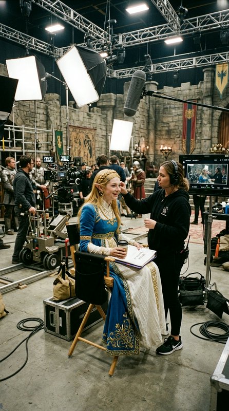 Woman in a blue and gold medieval costume being interviewed on a film set with studio lights and ...