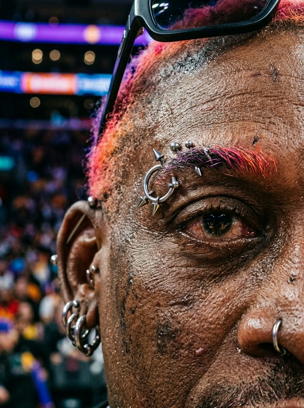 Extreme close-up of NBA legend Dennis Rodman courtside at a basketball game, showing his spiked piercings and vibrant dyed...