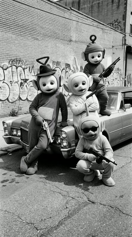 Black and white viral meme: Teletubbies reimagined as gangsters posing with guns on a vintage Cad...