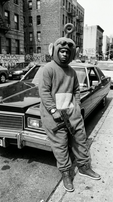 Black and white photo of a man in a Teletubby onesie holding a firearm, leaning on a classic car ...